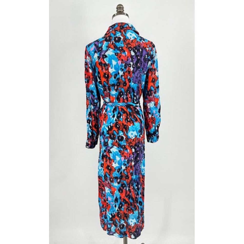 Karen Millen Petite Blue Red Print Collared Belted Button Front Shirt Dress Sz 6 - Picture 5 of 6